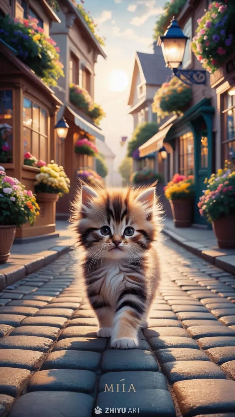 一只名叫Mia的小猫走在街道上。街道两旁是建筑物，