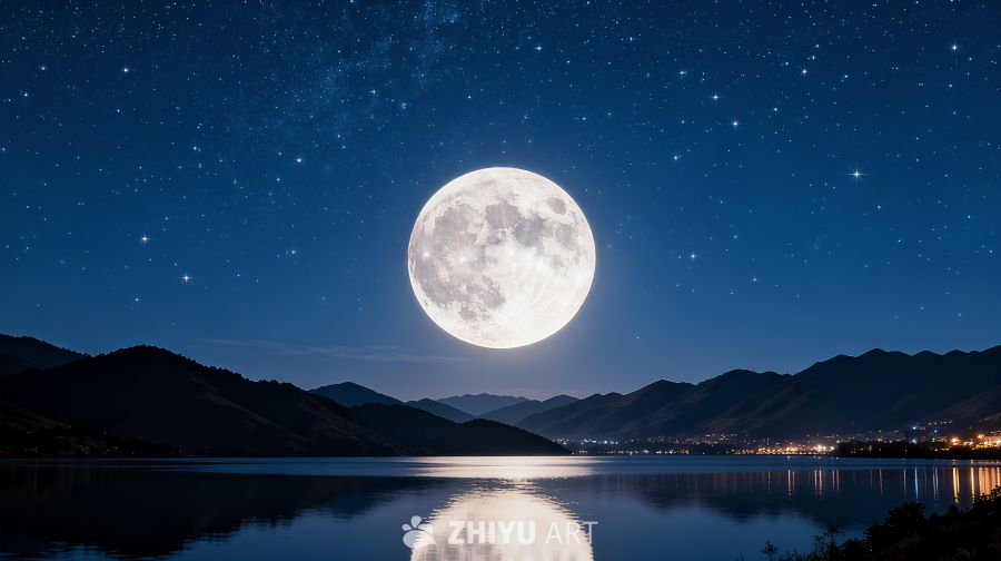 浪漫梦幻蓝色中秋月夜山景背景 2