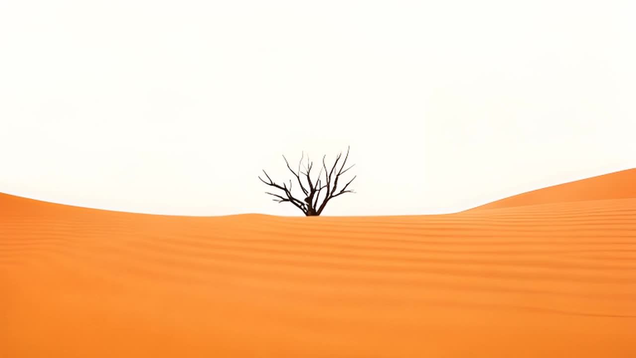 广角镜头拍摄，时间流逝：一棵光秃秃的树孤零零地站在