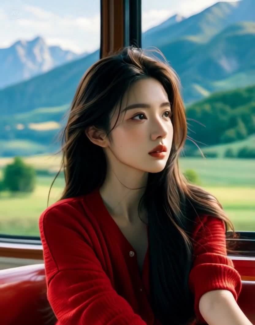 红衣女子车窗赏山景棕发飘动