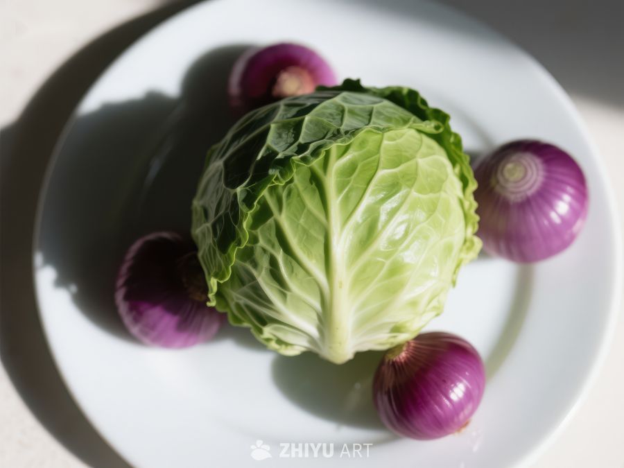 新鲜卷心菜与红洋葱的静物组合 252