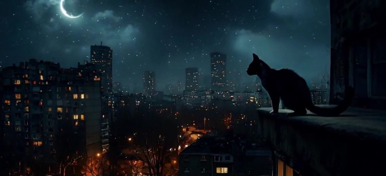 一只黑猫站在建筑物边缘。夜幕笼罩着城市，天空中点缀