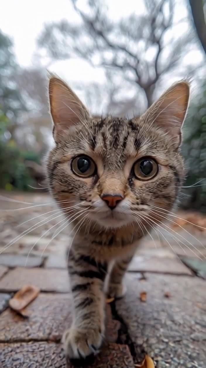 条纹小猫注视镜头，户外铺砖路面特写