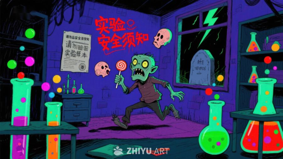 实验室中的绿色怪物与糖果