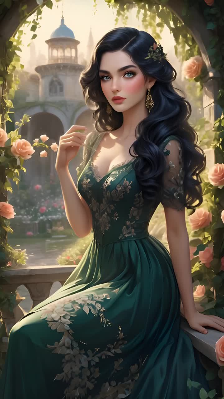一位有着深色长发和蓝色眼睛的女子，优雅地坐在一个装