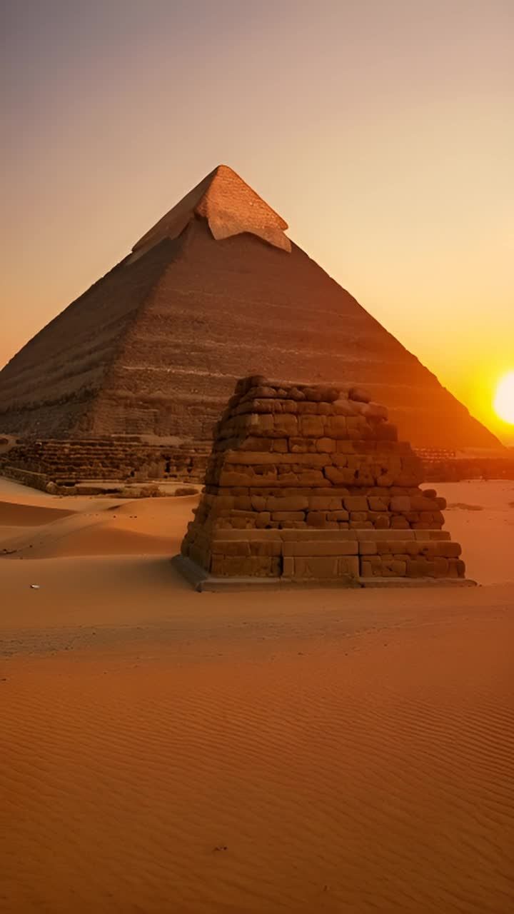 在埃及沙漠中，夕阳西下，太阳发出金色的光芒。画面中