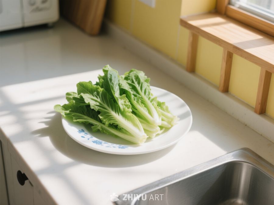 新鲜生菜置于厨房窗边的盘中 521