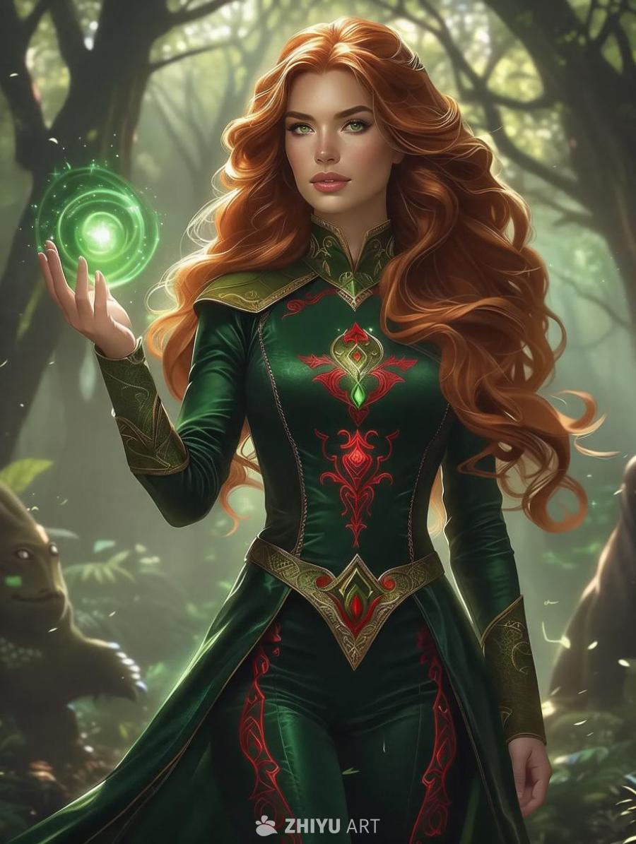 在充满魔法的森林里，一位有着深红褐色头发的女性站立