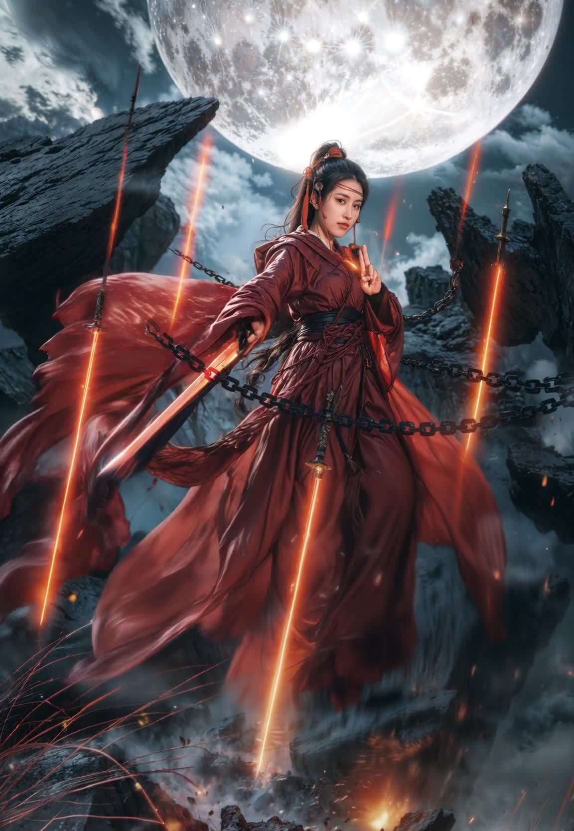 红衣女子月下持光剑，星际科幻战斗场景