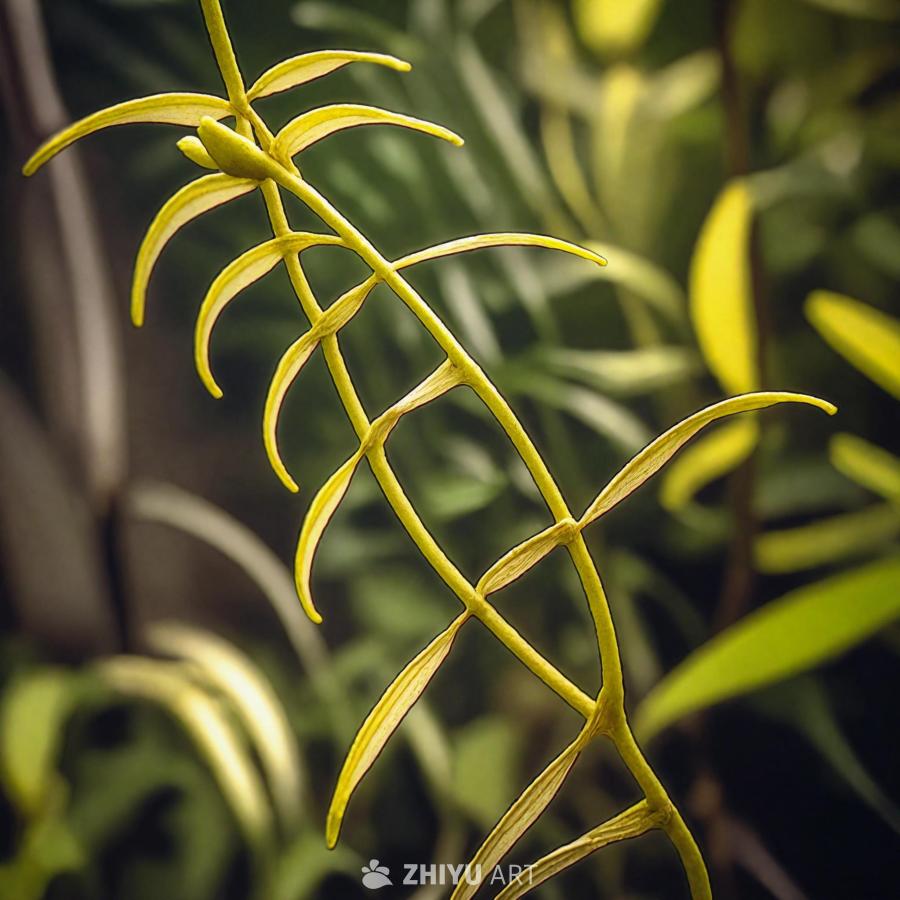 特写镜头展示了一株植物，其叶子细长且弯曲。这些叶子
