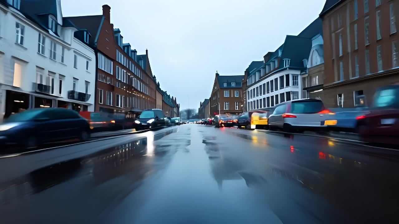 车辆行驶在潮湿的街道上，地面反射着色彩。道路两旁是