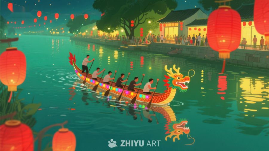 夜景龙舟赛，灯火映河畔 405