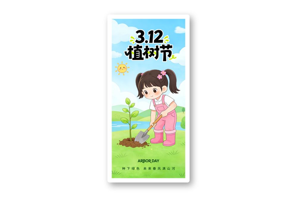 3月12日植树节海报插画素材小女孩栽种卡通节日宣传