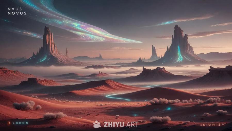 这是一幅描绘Novus星球上广阔外星景观的慢镜头全