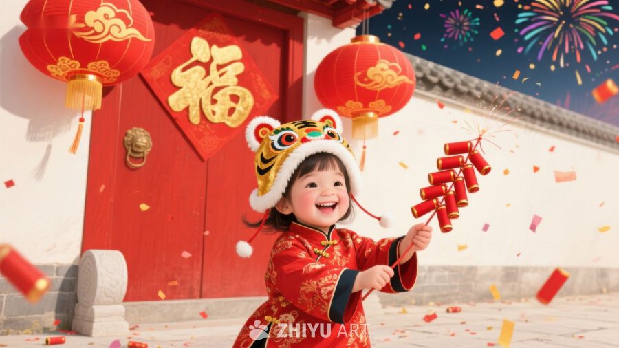 童趣新年：小女孩手持鞭炮欢庆 90