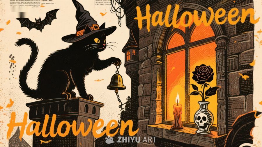 万圣节黑猫敲钟古堡窗景