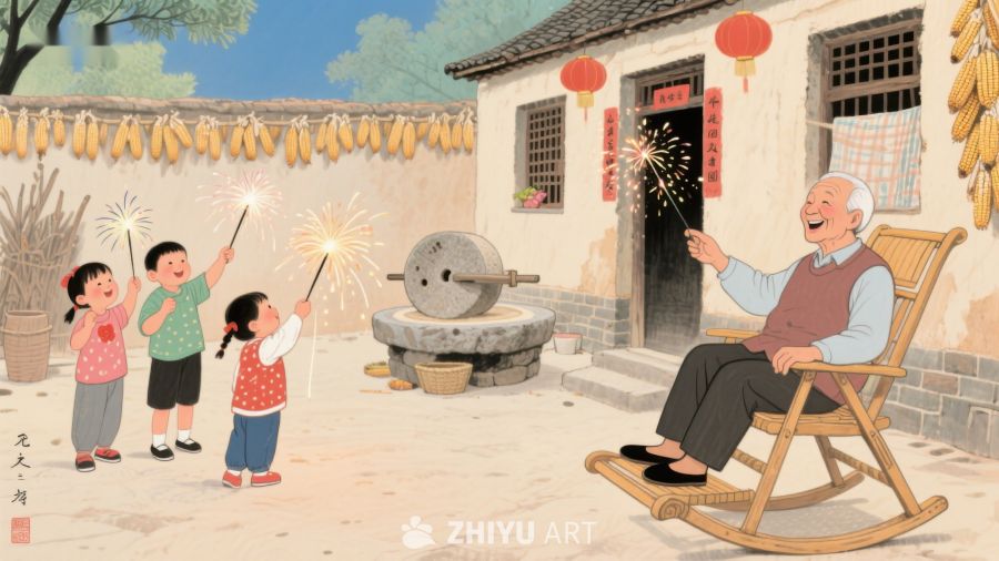 乡村庭院中祖孙共庆节日 124