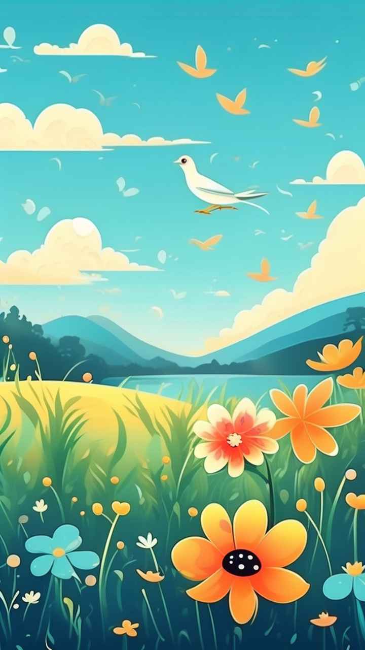 一个场景的草与鸟可爱的卡通风格 14