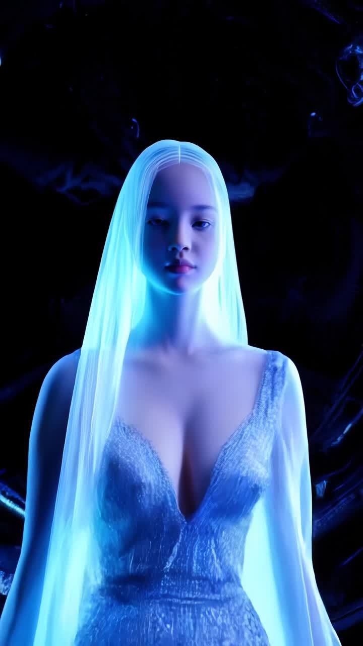 画面呈现一位年轻女性的上半身，她肤色半透明，身着带