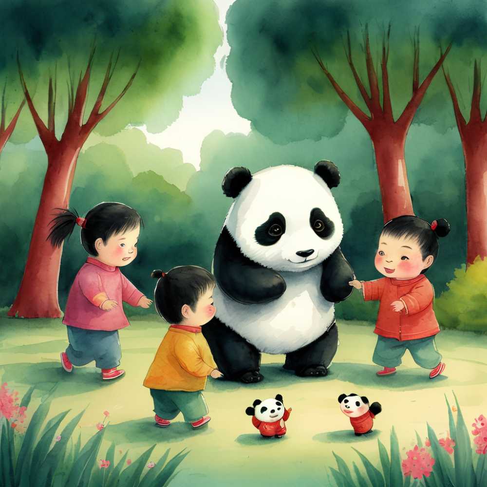 熊猫和儿童一起玩耍儿童节