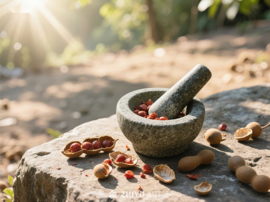 石臼研磨果实，阳光洒落自然场景 476