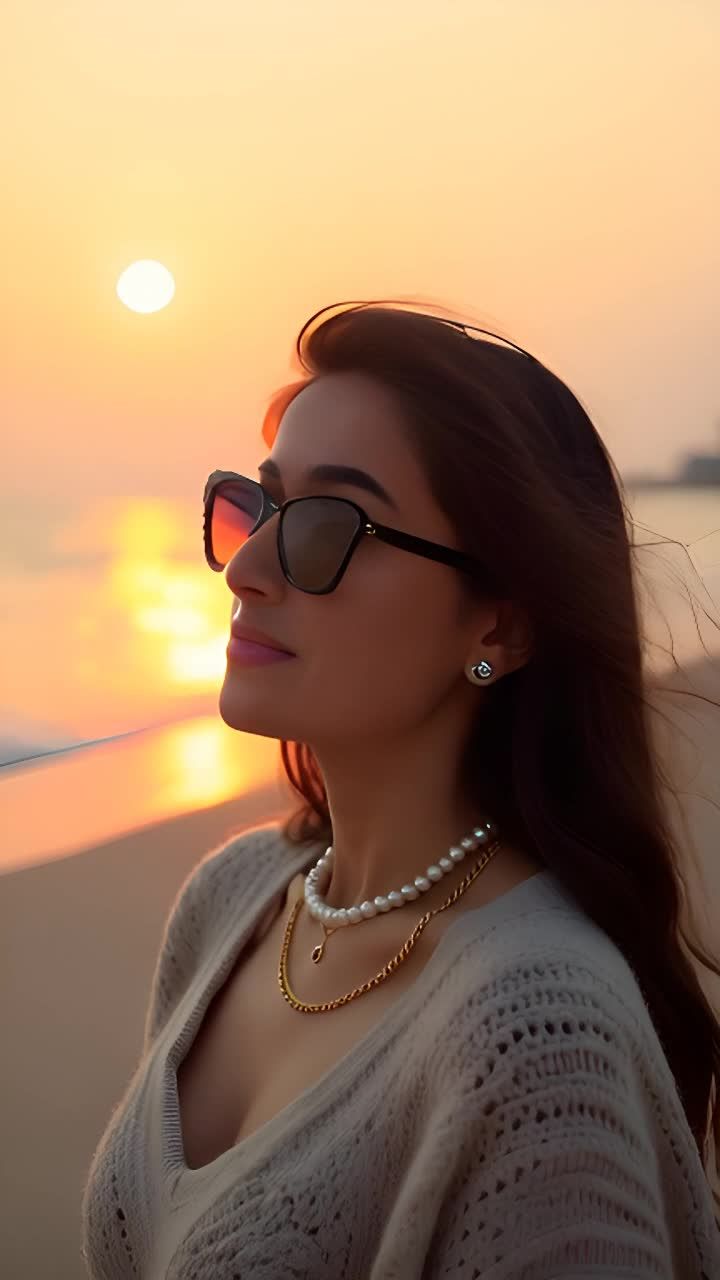 一个女人站在沙滩上，背对着镜头，望着日落。她穿着一
