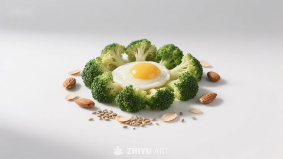 西兰花环绕煎蛋的创意摆盘