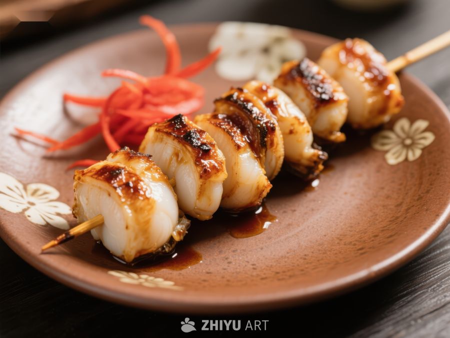 烤鱿鱼串配红姜装饰