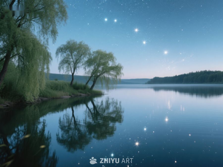 湖畔夜景，星光与树影相映 34