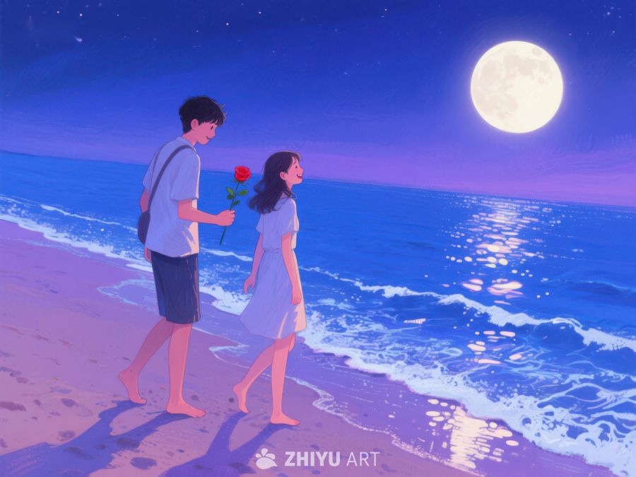 月下海滩漫步，手捧玫瑰的情侣 1204