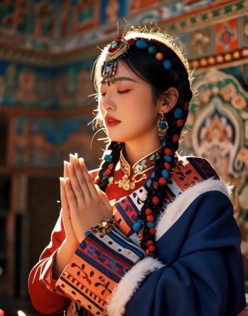 一名女子身着藏族服饰，闭着双眼，双手合十于胸前。她