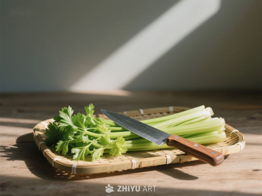 芹菜与刀置于竹盘上 306