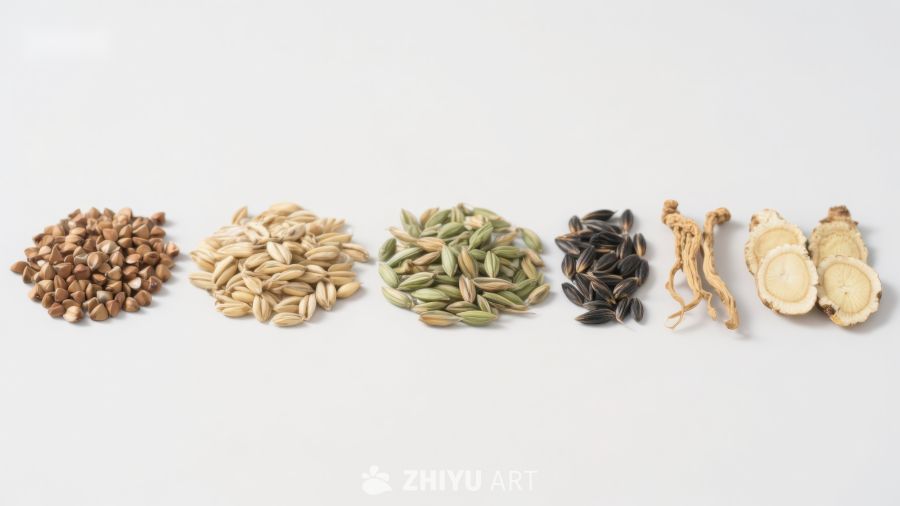 多种天然食材与药材的排列展示
