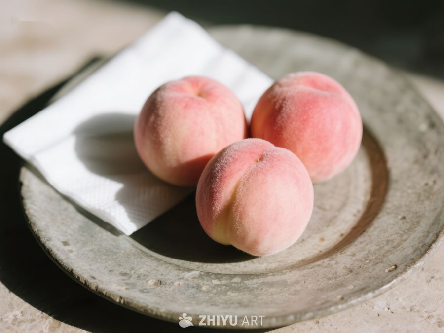 三个桃子置于盘中，阳光洒落 437
