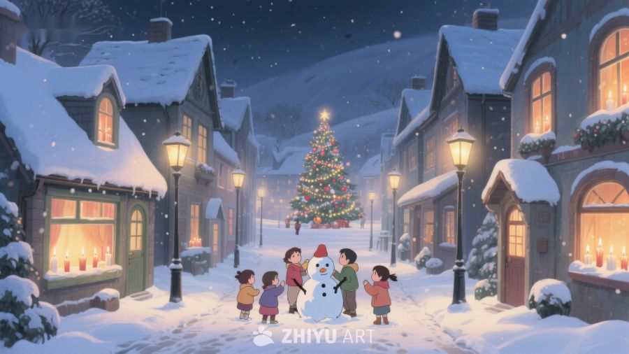 雪夜小镇的圣诞树与雪人 423