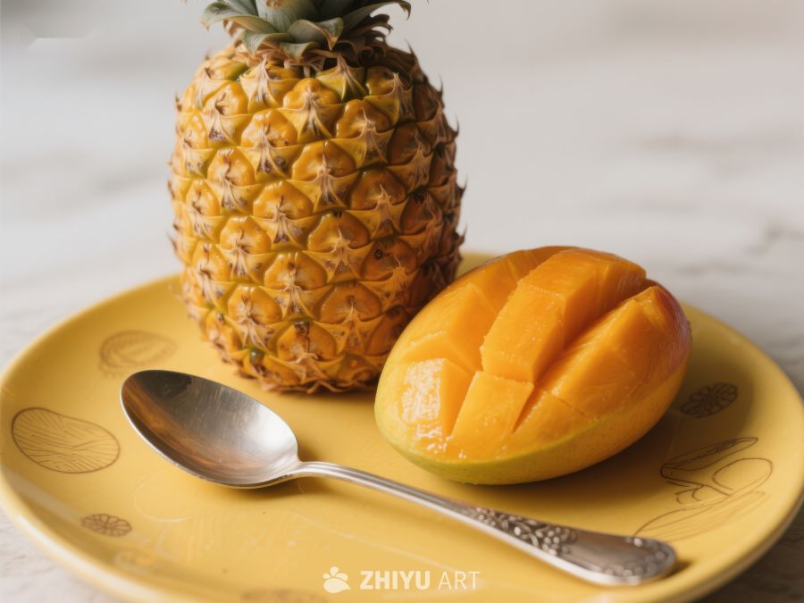 菠萝与芒果切片置于黄色盘中 20