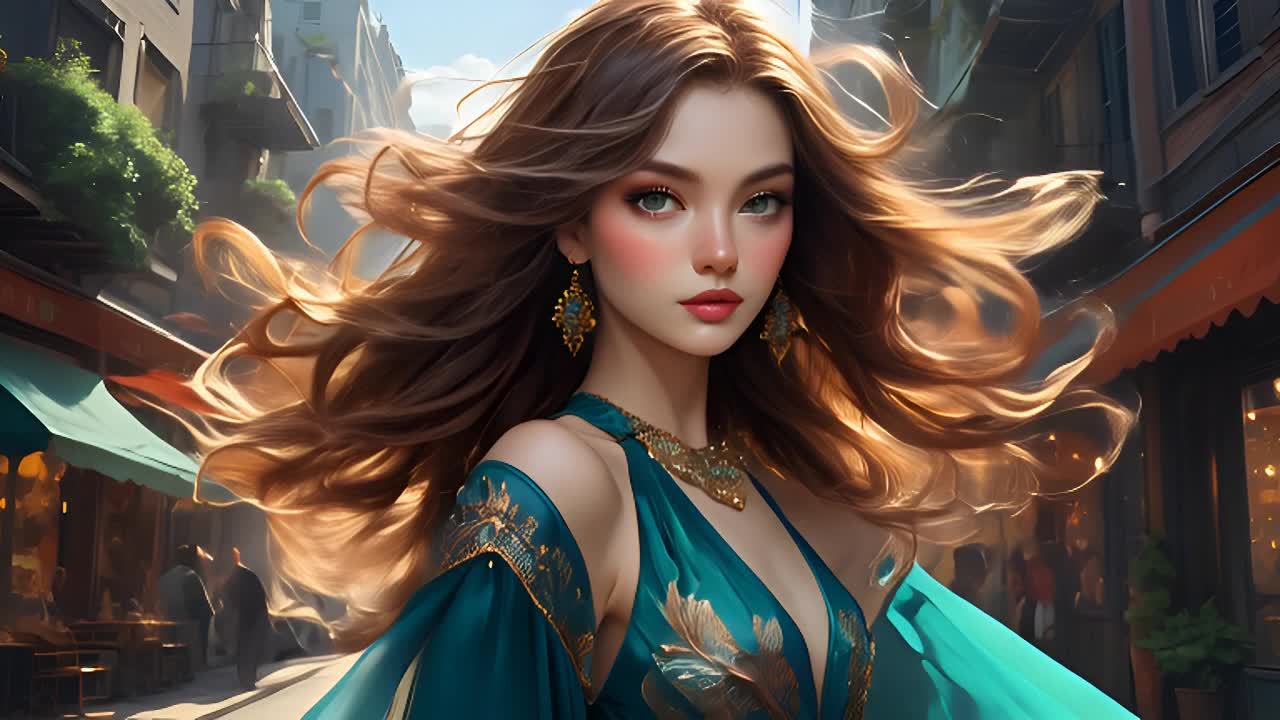 一位有着长波浪棕色头发的女性，穿着带有金色装饰的蓝