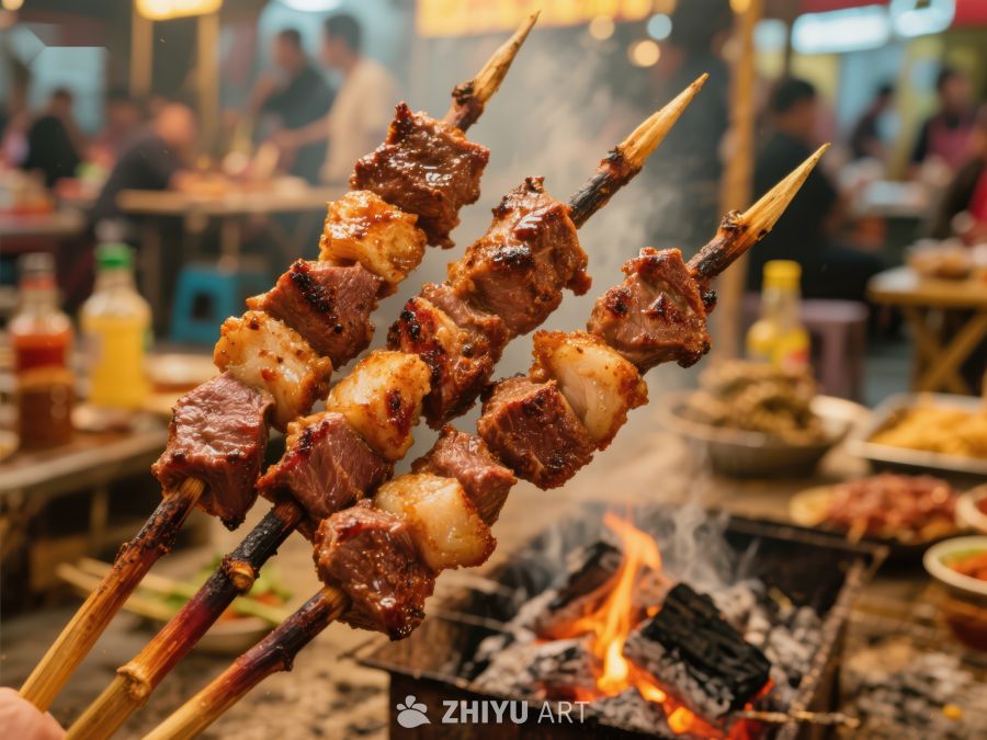 烤肉串在夜市火上翻烤