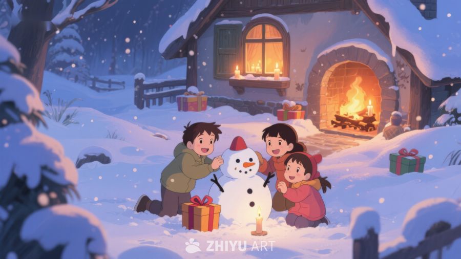 冬夜雪地堆雪人温馨场景 108