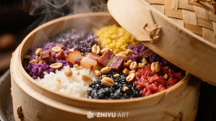蒸笼中的五彩糯米饭