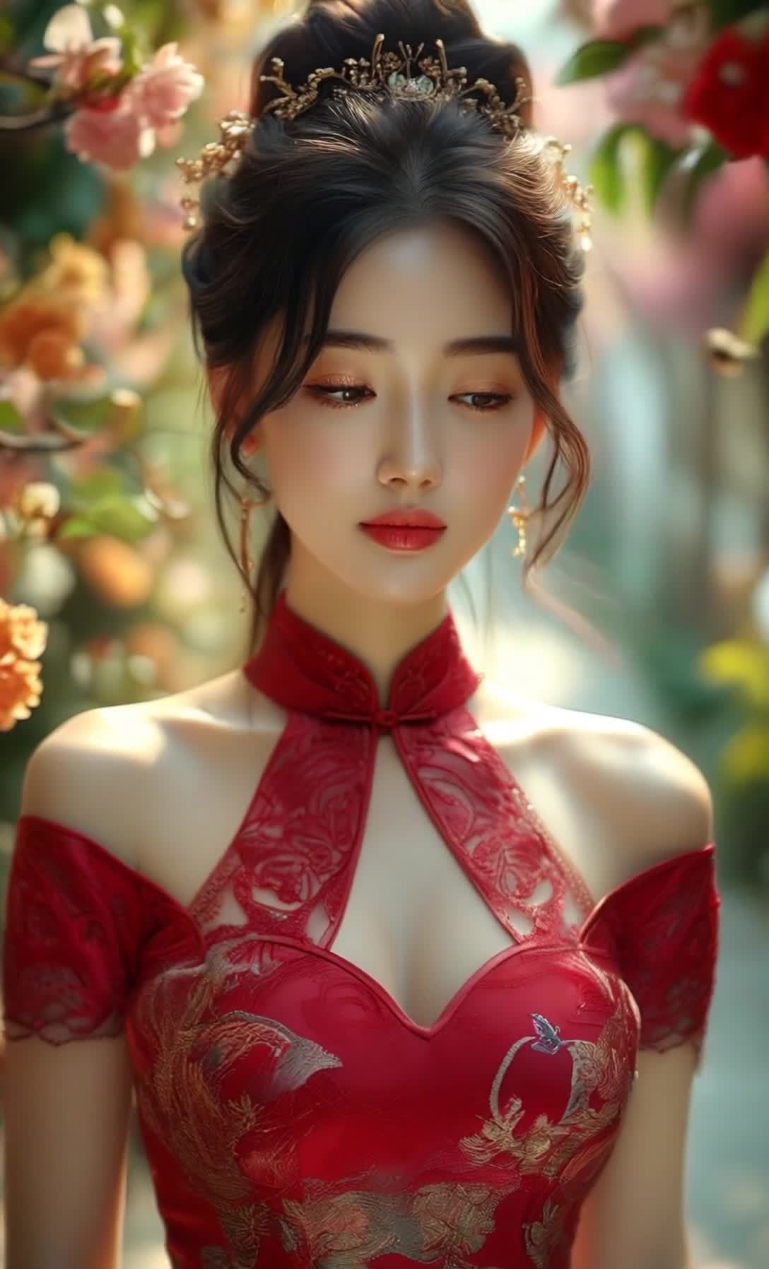 红旗袍女子花丛像