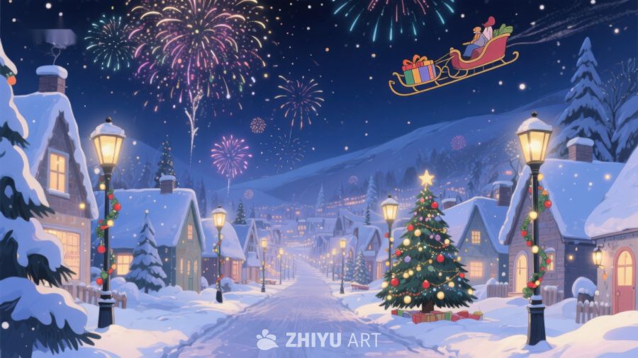 圣诞夜雪景与烟花 235