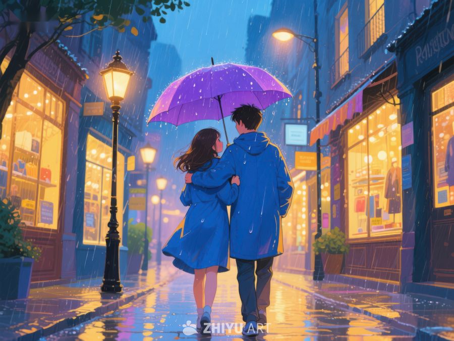 雨夜街头情侣共伞漫步 1128