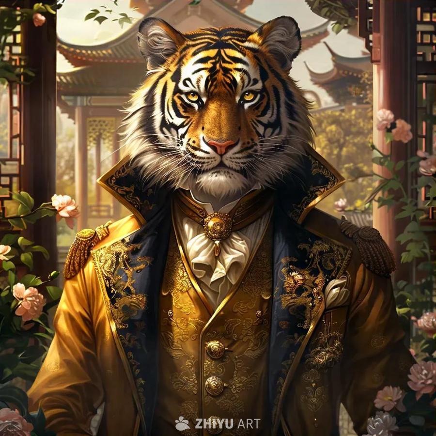 一只老虎，穿着金色镶边的外套，绣花的背心，金色的领
