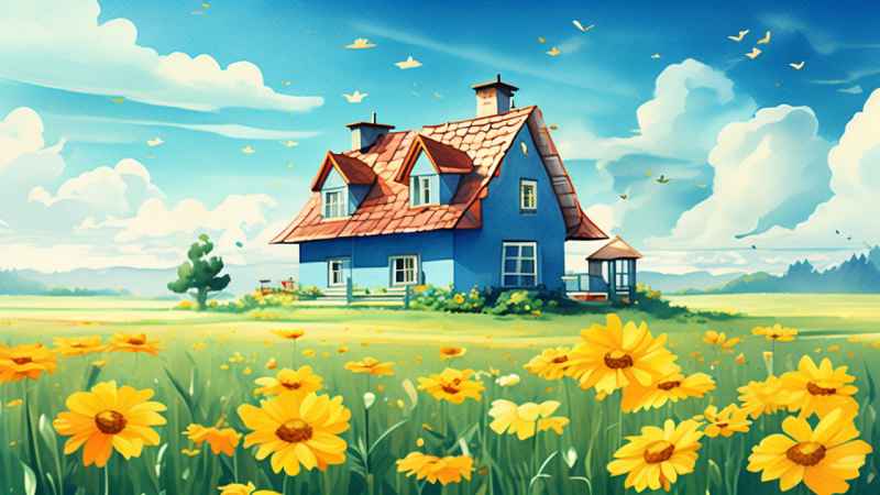 绿色田野里有黄色花朵的房子的水彩插图 10