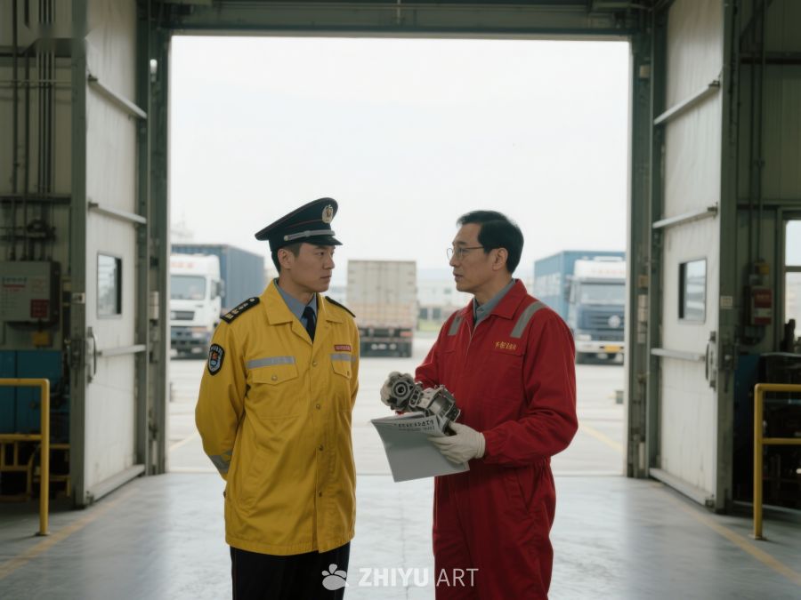 仓库内两人交谈，一人手持文件 8