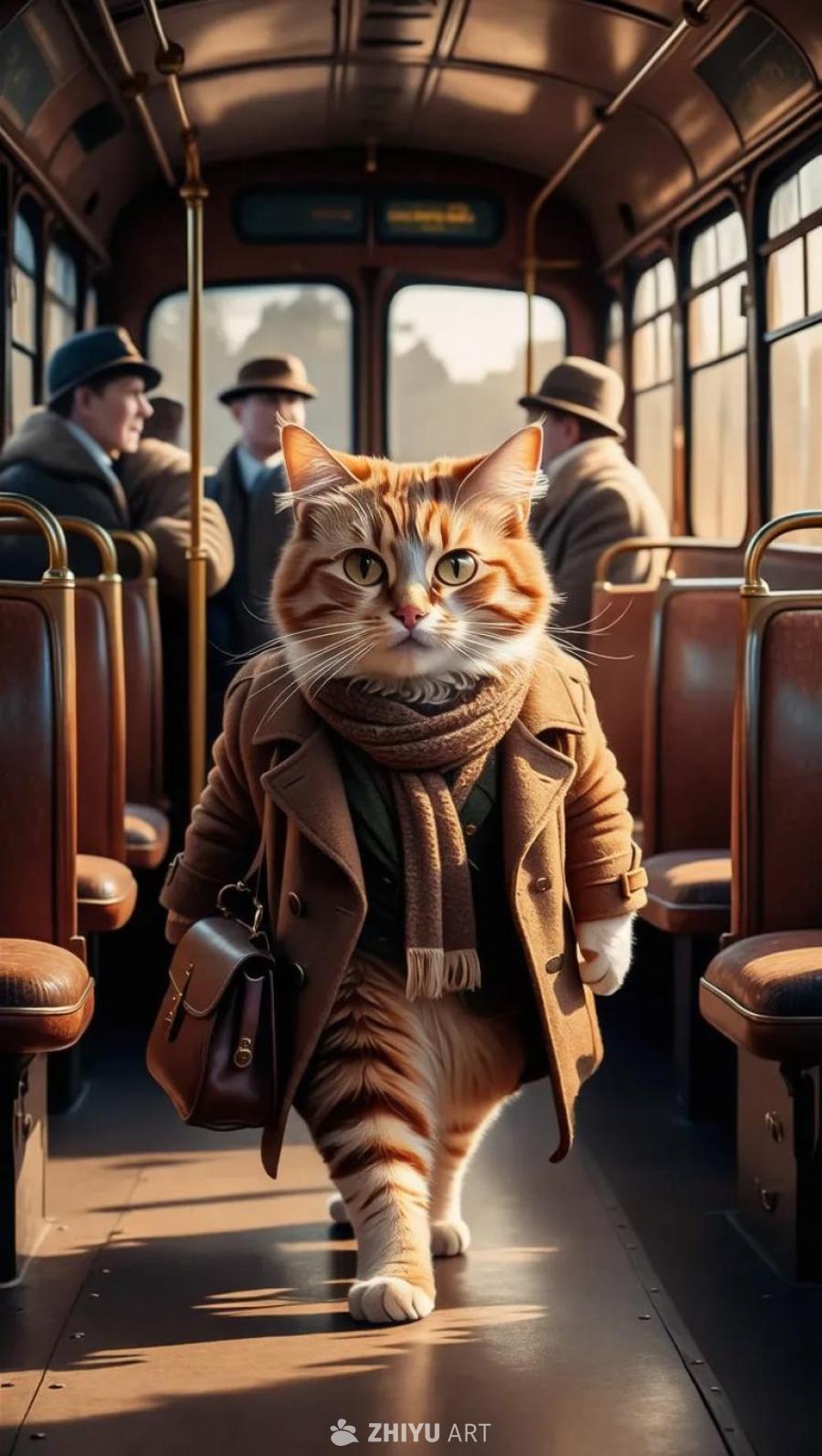 一只姜黄色猫，穿着棕色外套，围着破旧的围巾，戴着圆