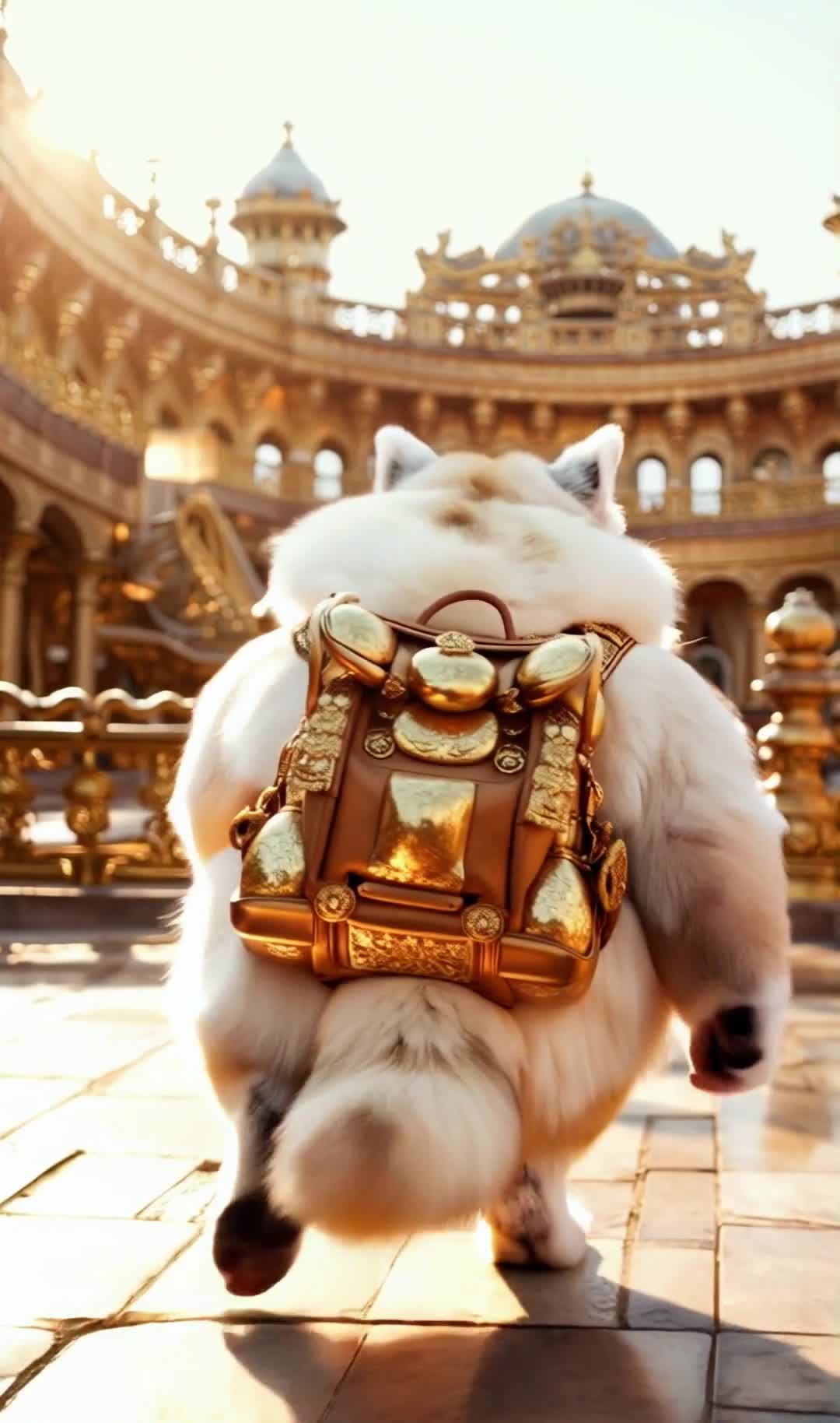 金色建筑群中背着金色背包的白毛动物