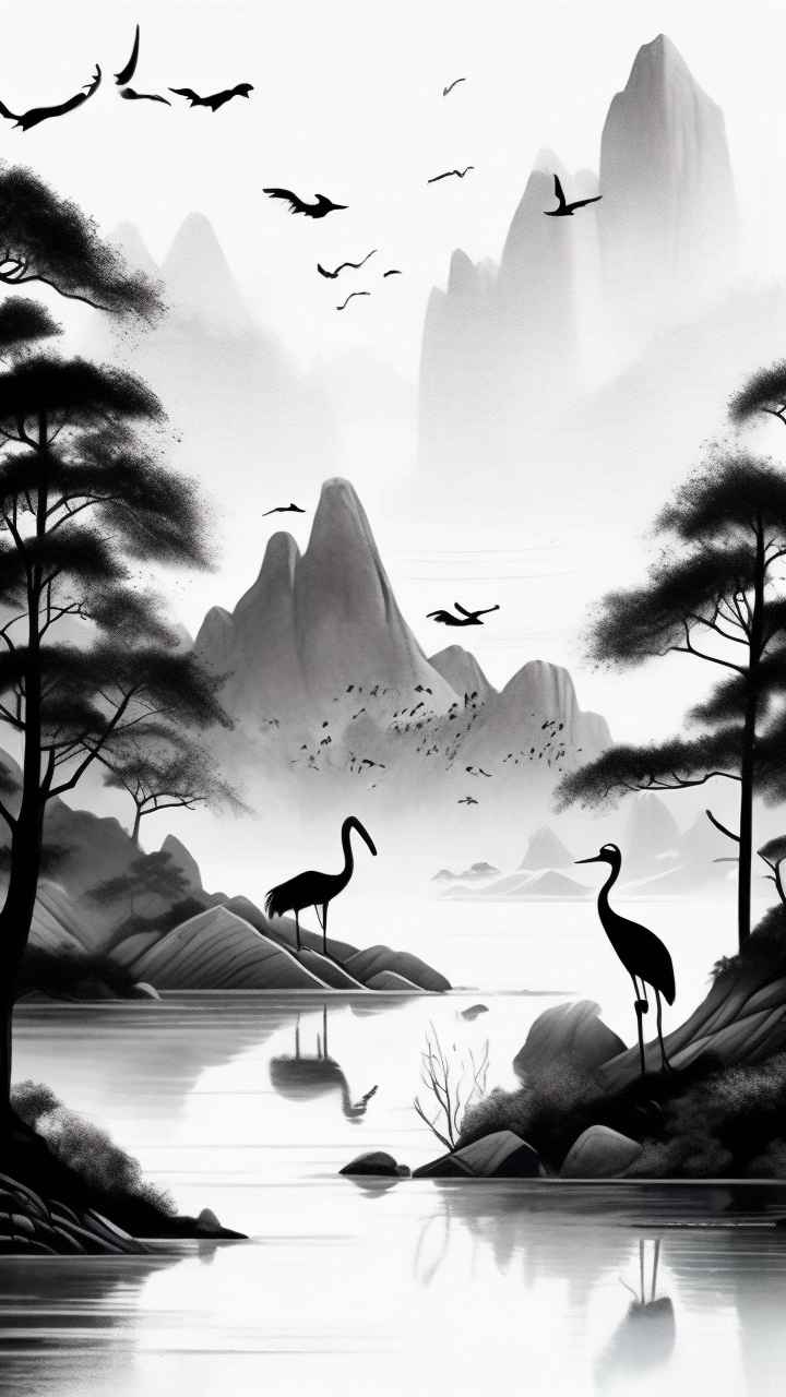 国风山水鹤插画背景 103