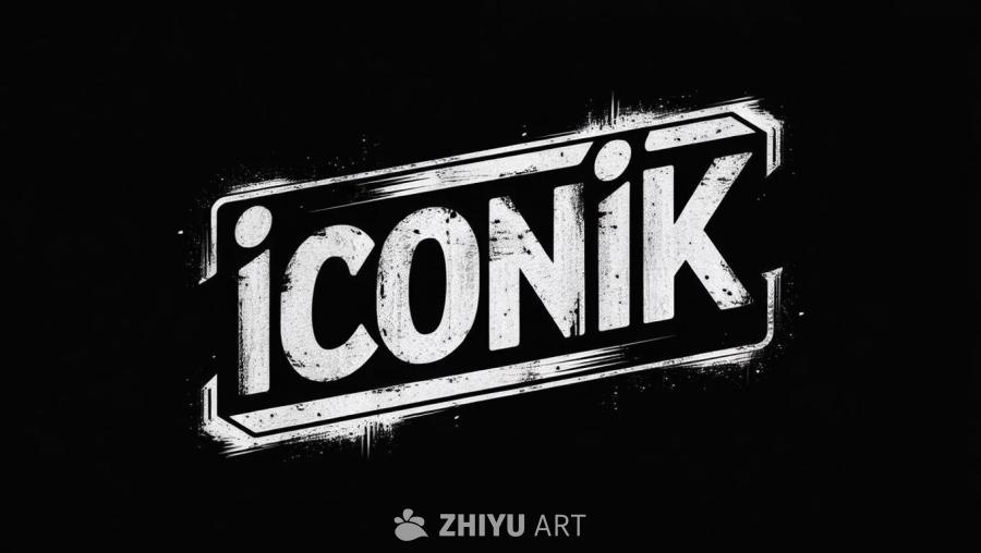 黑色背景上，白色文字“iconik”带有粗糙的边框